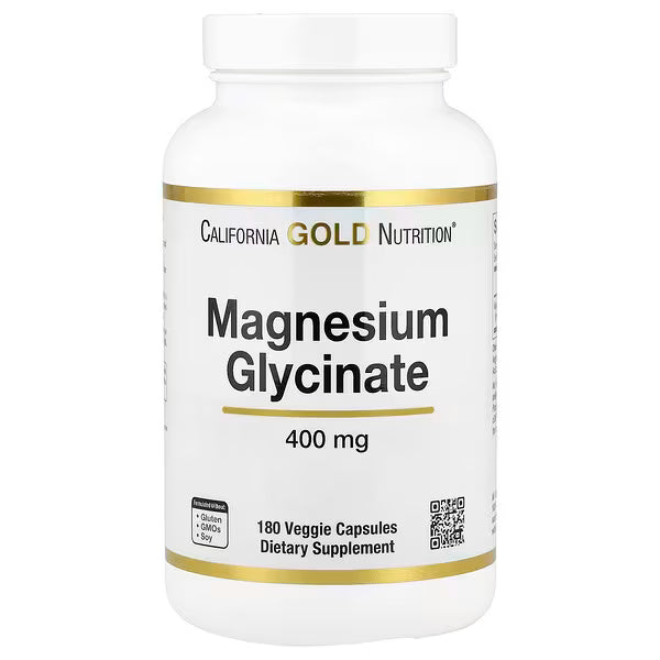 California Gold Nutrition Magnesium Glycinate 133 mg — 180 Veggie Capsules | Gentle, High-Absorption