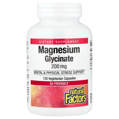Natural Factors Magnesium Glycinate 200 mg — 120 Veg Capsules | Gentle, High-Absorption Magnesium