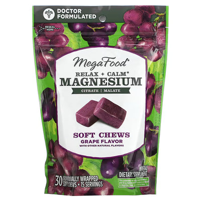 MegaFood Relax + Calm Magnesium Soft Chews — Grape Flavor | 30 Chews | 250 mg per 2-Chew Serving