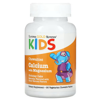 California Gold Nutrition Kids Chewable Calcium + Magnesium — Birthday Cake Flavor | 90 Veg Tablets